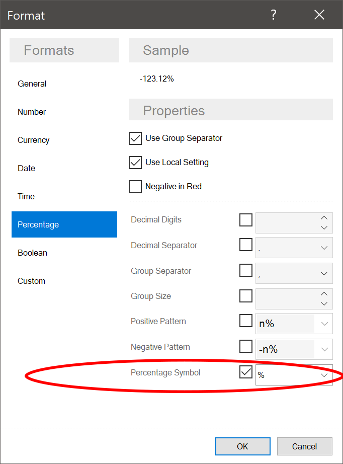 Percentage Format Properties