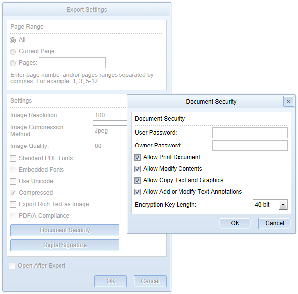 Exports Settings in the WebViewer