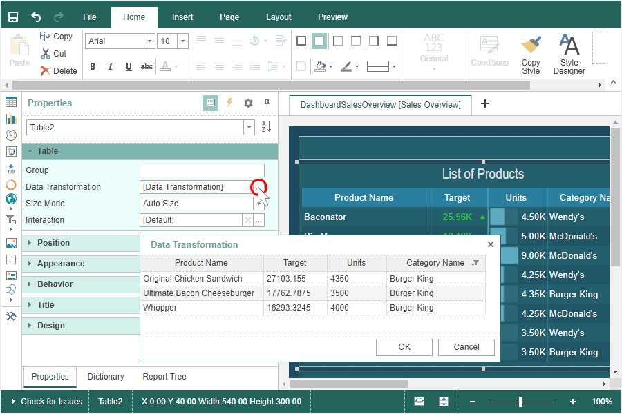 Data transformation in dashboards