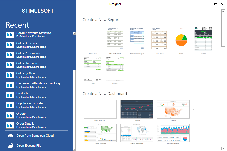 Start page in the report designer