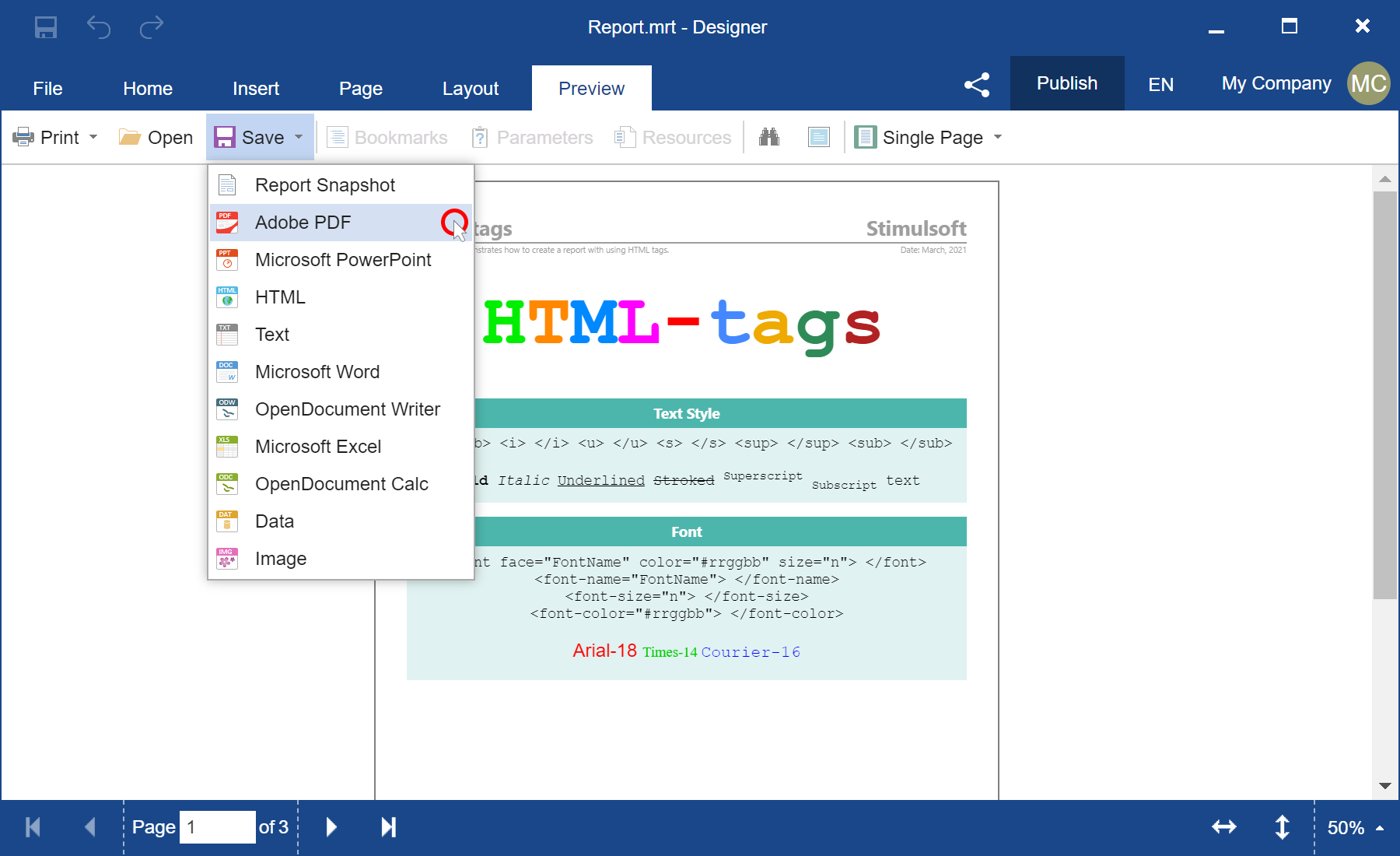 Support for HTML tags in PDF