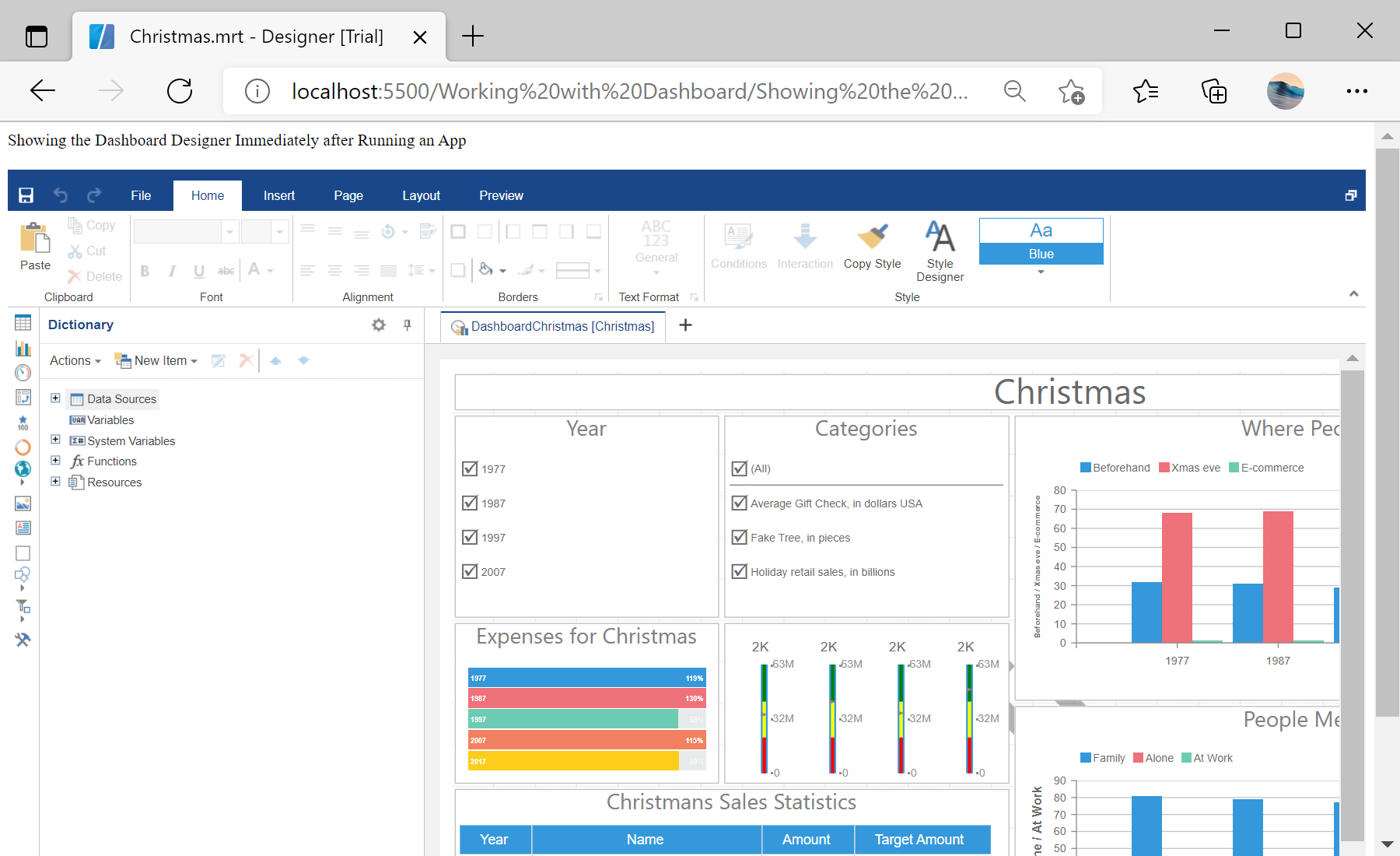 Showing the Dashboard Designer Immediately after Running an App