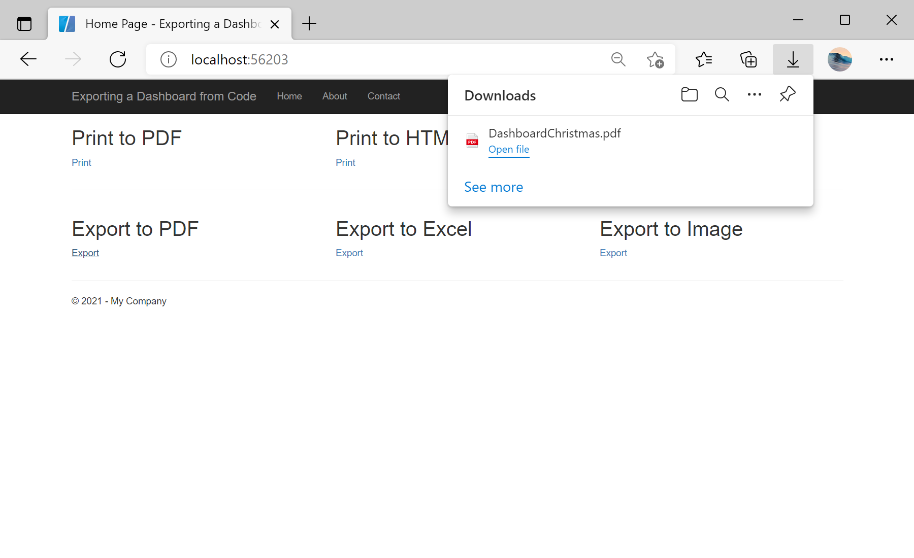 Exporting a Dashboard from Code