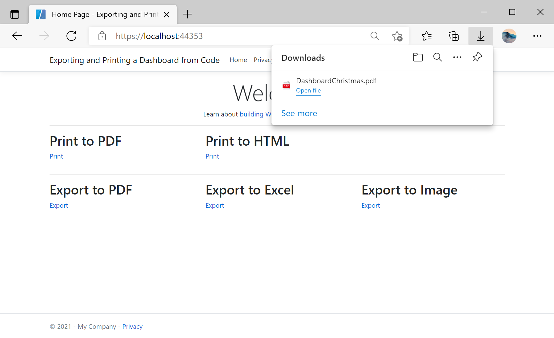 Exporting and Printing a Dashboard from Code