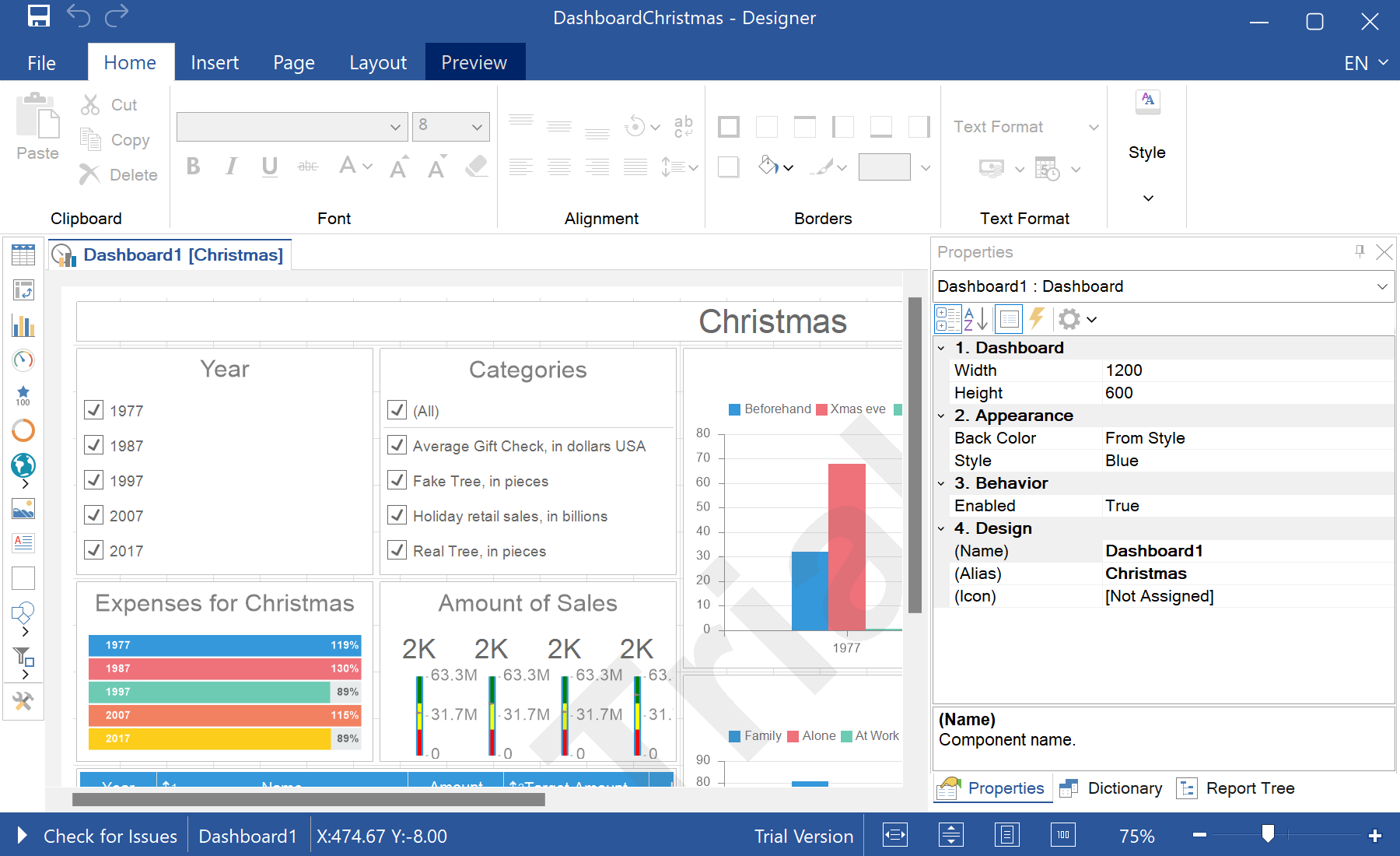 Editing a Dashboard in the Designer