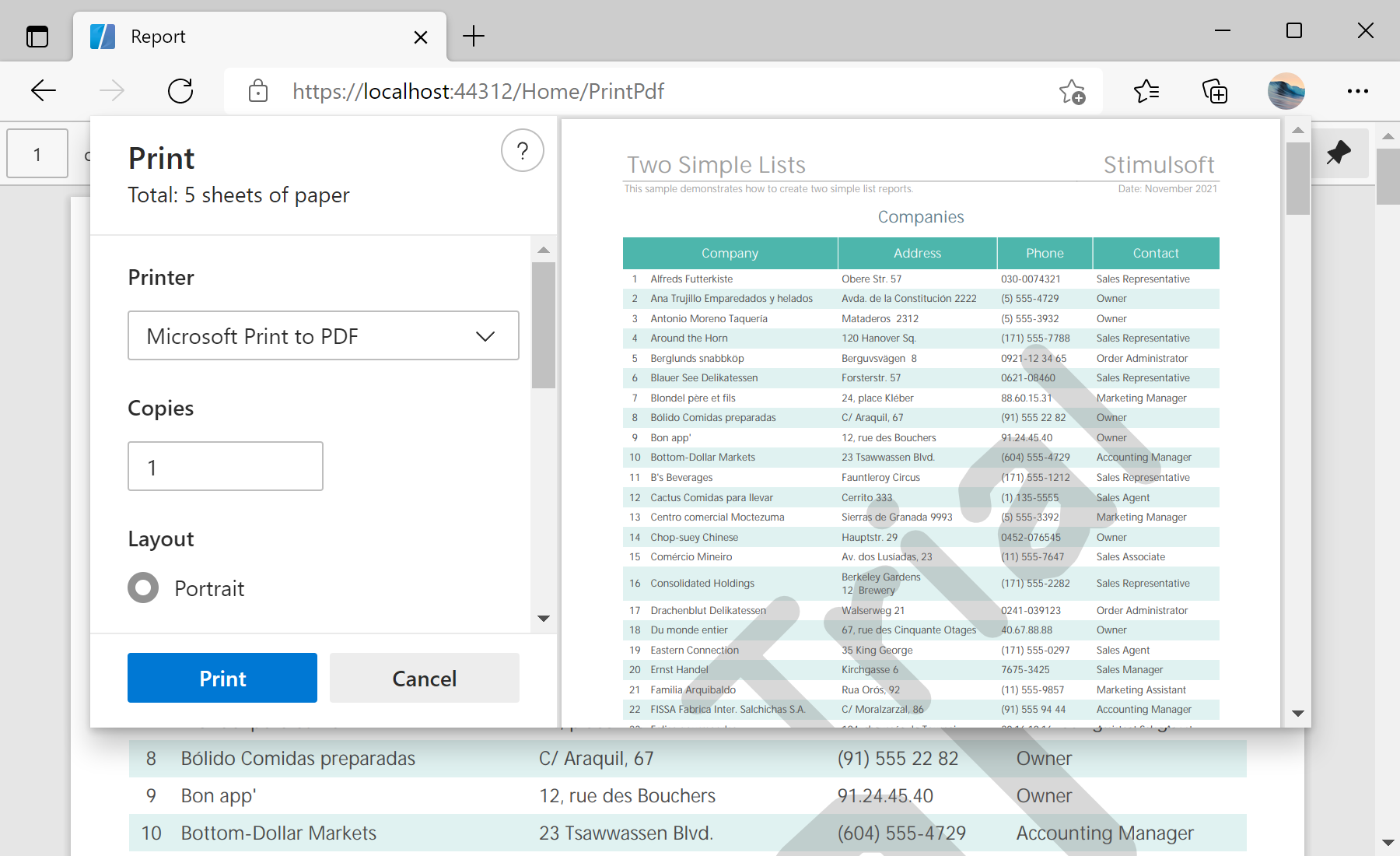 Exporting and Printing a Report from Code