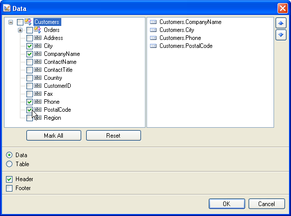 Add Master and Detail tables to report layout