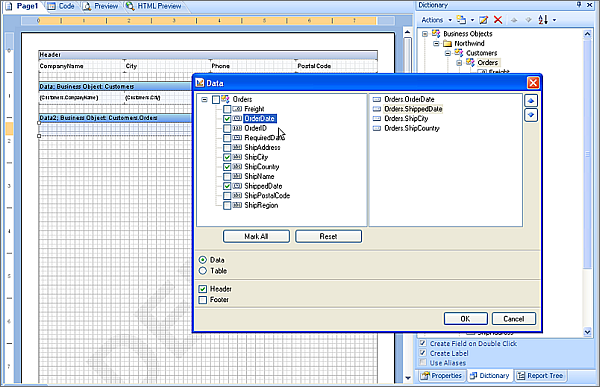 Add Master and Detail tables to report layout